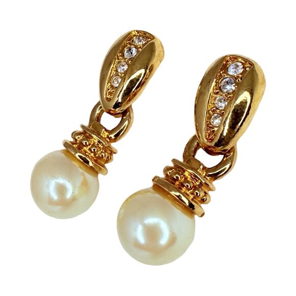 Vintage Gold-Tone White Pearl Door Knocker Dangle Earrings 1" Rhinestones - Picture 3 of 11